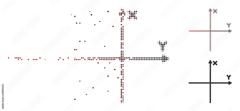 Poster vector cartesian axes icon in fractured, dotted halftone and undamaged whole versions. disintegratio
