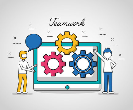 people teamwork technoloogy screen gears boys presenting vector illustration