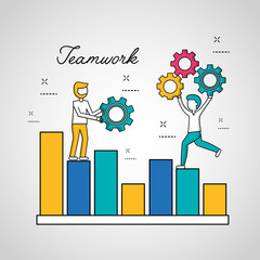 people teamwork boys above statistics holding gears solution vector illustration