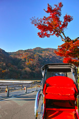 秋の京都嵐山、人力車と紅葉

