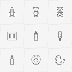 Kids line icon set with teddy bear, duck toy  and baby bib
