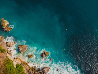 Aerial view of island and blue ocean in Bali, Indonesia.