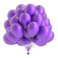 Purple balloon bunch, birthday party decoration blue, glossy helium balloons violet. Holiday, anniversary celebrate invitation, greeting card design element. 3D illustration