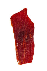 Beef Jerky Macro Isolated on White Background. Selective focus.