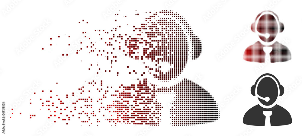 Poster vector call center manager icon in dissolved, dotted halftone and undamaged solid variants. disinteg