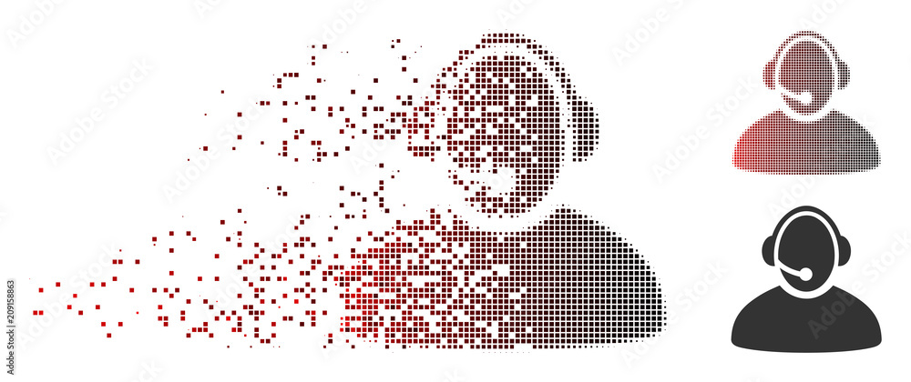 Poster vector call center operator icon in dissolved, pixelated halftone and undamaged whole versions. disi