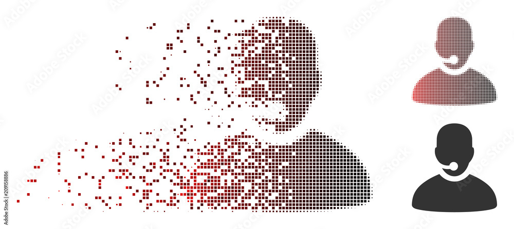 Poster vector call center operator icon in dissolved, dotted halftone and undamaged solid versions. disinte
