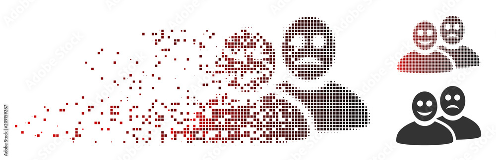 Poster vector glad and sad people icon in sparkle, pixelated halftone and undamaged solid versions. disappe