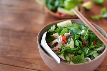 Bowl of asian chicken noodle soup