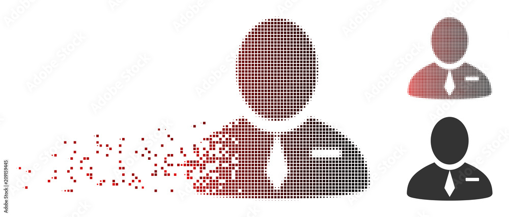 Poster vector lawyer icon in dissolved, dotted halftone and undamaged entire versions. disappearing effect 
