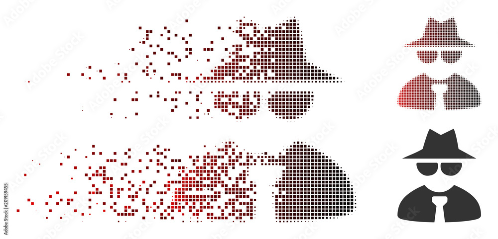 Poster vector mafia boss icon in dissolved, pixelated halftone and undamaged solid versions. disintegration