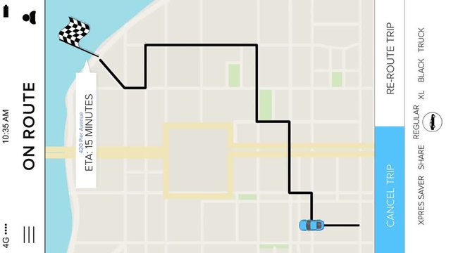 A simulated driver arriving ride sharing app ETA map screen for a cellular phone. Orientation is created vertical for placement on a typical 1080x1920 smartphone screen in portrait mode.	 	