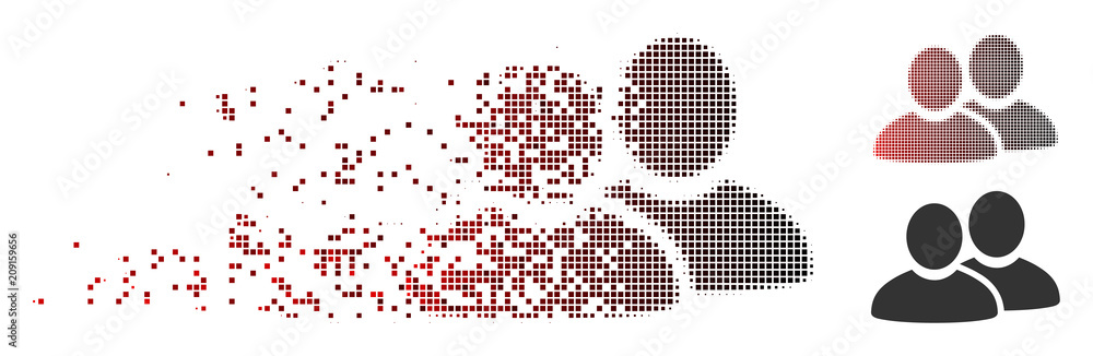 Poster vector men icon in dispersed, pixelated halftone and undamaged solid versions. disintegration effect