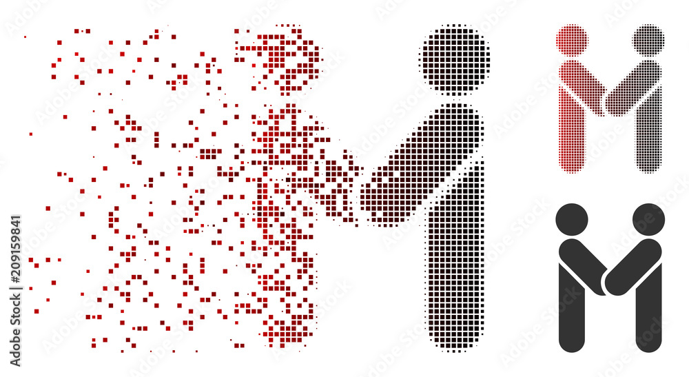Poster vector persons handshake icon in dispersed, pixelated halftone and undamaged solid versions. disappe