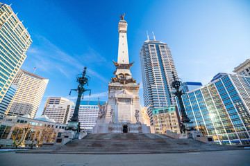 Downtown Indianapolis skyline with blue sky