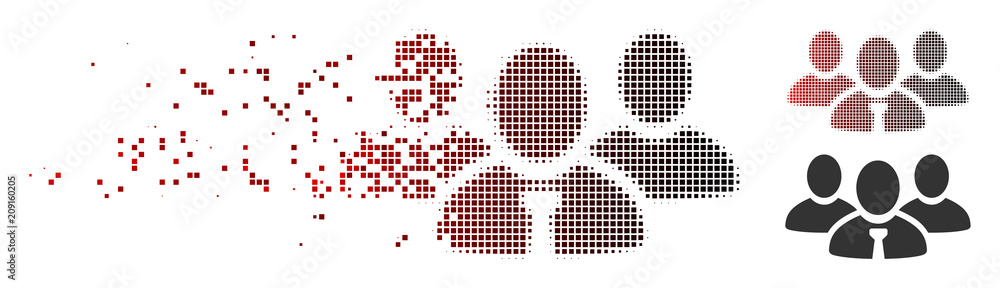 Poster vector team manager icon in dispersed, dotted halftone and undamaged entire versions. disappearing e