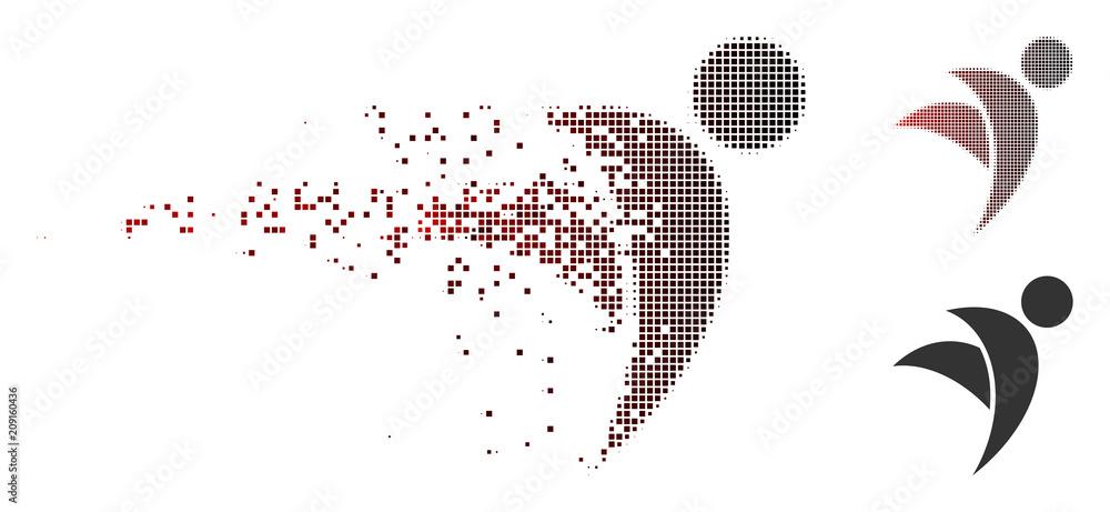 Poster vector winged man icon in fractured, pixelated halftone and undamaged whole variants. disintegration