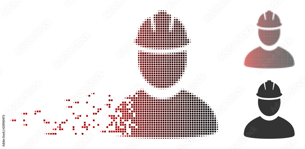 Poster vector worker icon in fractured, pixelated halftone and undamaged entire variants. disappearing effe