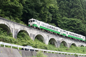 Fototapeta na wymiar Tadami railway line in summer season at Fukushima prefecture.
