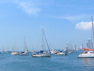 Fototapeta na wymiar Panoramic view of the coastline of the city and the sea with blue sky with some boats or ships 