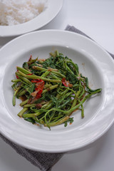 Fried water minosa white plate food thai style