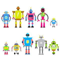 Set Of different cartoon robots characters ,spaceman cyborg isolated on white background. Vector illustration