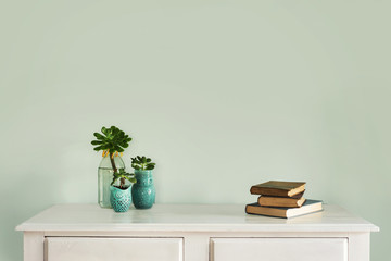 hall table with plant, books and blank wall