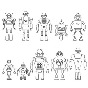 Set Of different cartoon robots characters ,spaceman cyborg icons line style isolated on white background. Vector illustration.