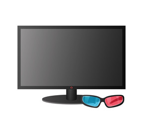 Large modern TV. Glasses for stereo video. Vector illustration. Television