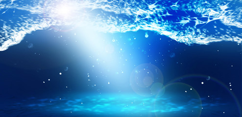 The depth of sea water, the underwater world, the rays of the sun through the water