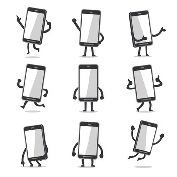 Cartoon smartphone character poses with empty screen for design.