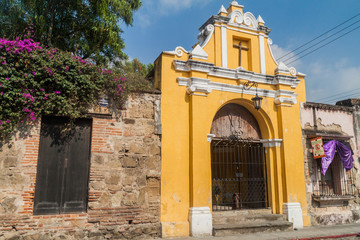 Small chapel on Calle de los pasos street in Antigua Guatemala town, Guatemala.