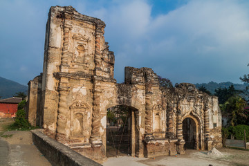 Ruins of Candelaria church in Antigua Guatemala town, Guatemala.