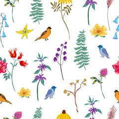 Bird and flowers. Vintage vector summer seamless pattern