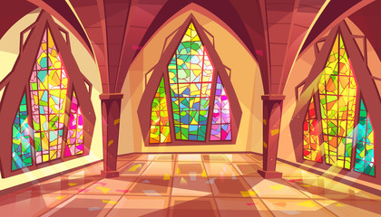 Fototapeta na wymiar Ballroom vector illustration of royal gothic palace hall with stained glass windows and sun reflection on tiled floor. Flat cartoon ball room or king apartment and museum interior background