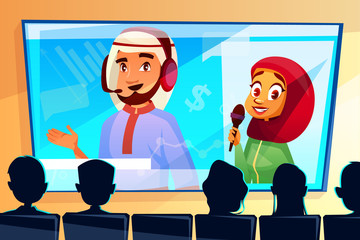 Muslim online conference vector illustration of man and woman in hijab on screen or display projection. Saudi Arabian audience and speakers witch microphone for news interview or statistics diagram