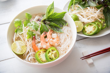 shrimp pho with summer roll