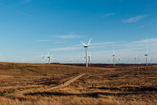 A vista of wind turbines in Scotland with a single mountain biker cycling along a dirt trail on a sunny day