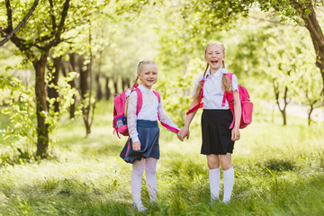 two little funny Schoolgirls girls stand with backpacks and hold hands in the open air