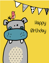 hand drawn  cute funny hippo with a bird on yellow background