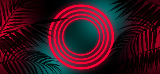 Background with neon and tropical leaves, neon lamps, circle, wall background, silhouettes of leaves, night view