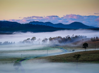View of the Grandchester area in the Ipswich / Scenic Rim region, Queensland with morning fog