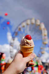 Famous Strawberry Ice Cream with rides in the background at the Ekka (Brisbane Exhibition or Royal...