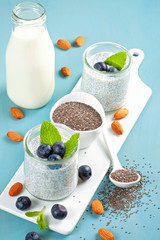 Chia pudding with fresh berries and almond milk. Superfood concept. Vegan, vegetarian and healthy eating diet with organic products