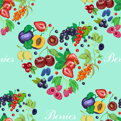 Summer seamless pattern with garden berries on a blue background