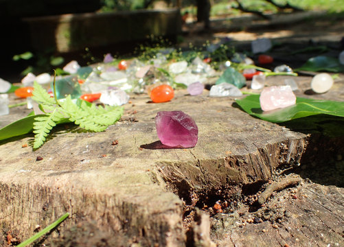 Natural crystal on wooden background. in the natural environment