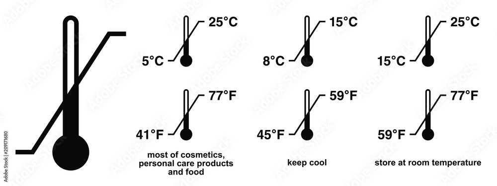 Wall mural storage temperature range symbol. black thermometer icon with diagonal line and degrees sign value. 