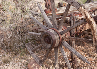 Old broken wagon wheel and desert plants