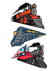 Mascot icon illustration set of vintage steam locomotive or steam engine railway train speeding up  viewed from side  on isolated background in retro style.