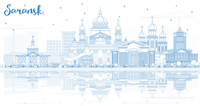 Outline Saransk Russia City Skyline with Blue Buildings and Reflections.